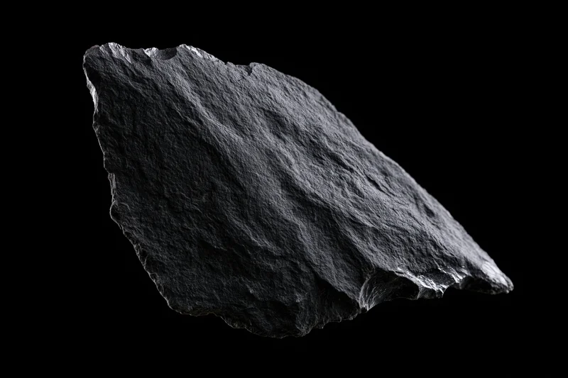 Dark obsidian stone fragment floating against black background