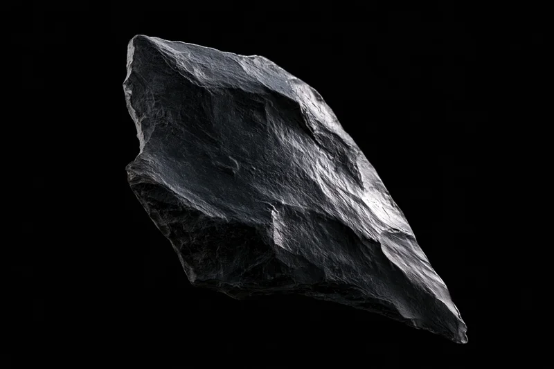 Dark obsidian stone fragment floating against black background