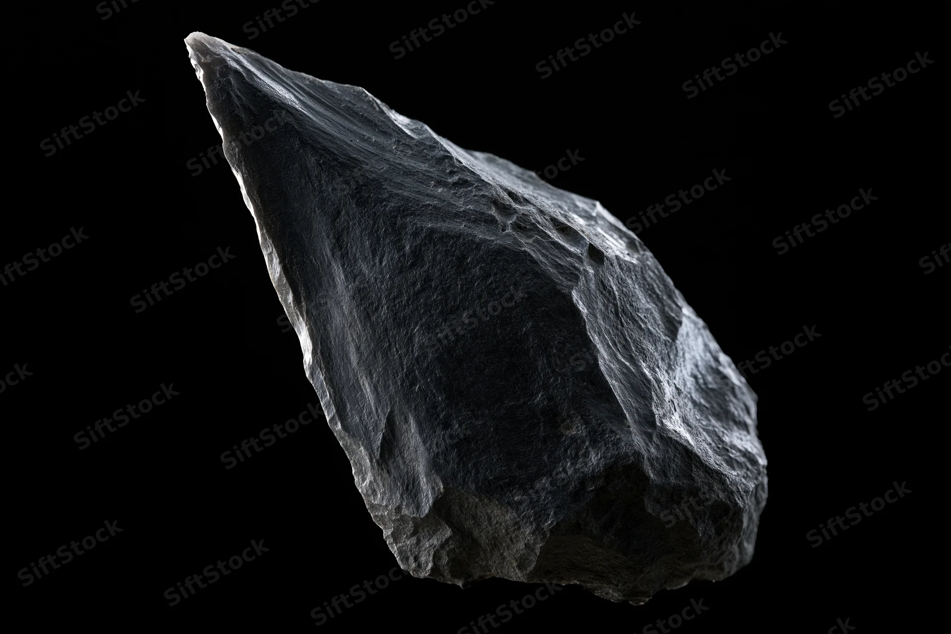 Dark obsidian stone fragment floating against black background