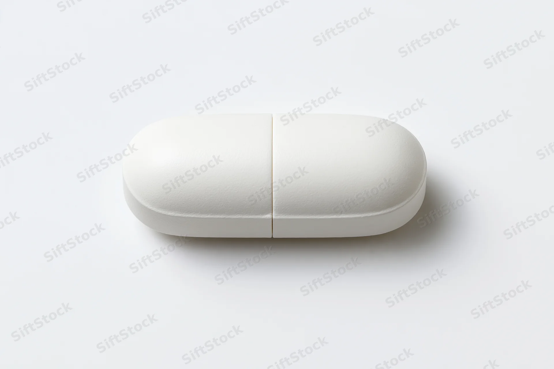 White oval pill capsule lying flat centered on plain white surface