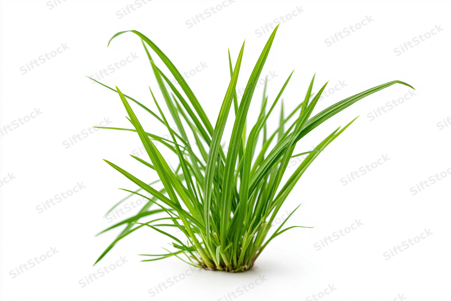 A small clump of fresh green grass blades growing upward on a white background
