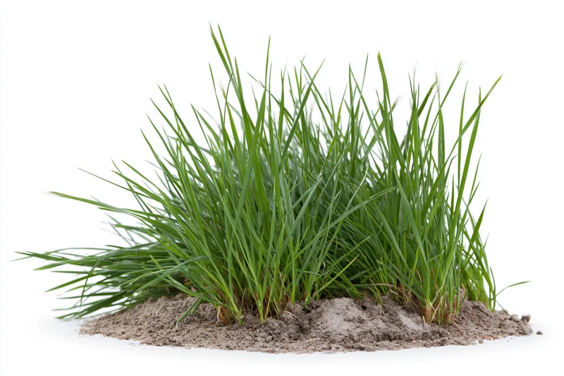A clump of fresh green grass growing from a patch of soil isolated on white