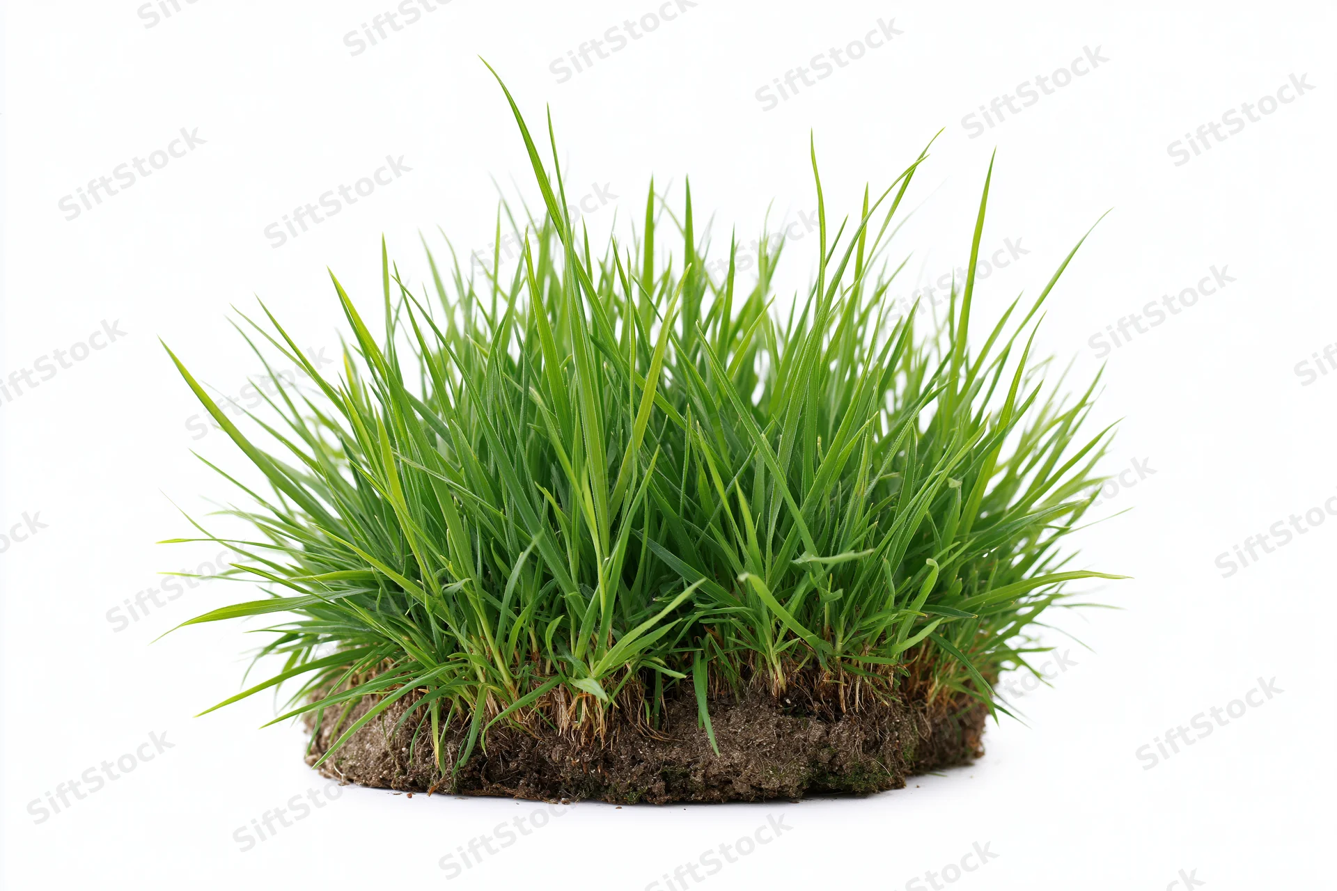 A clump of fresh green grass growing from a patch of soil isolated on white