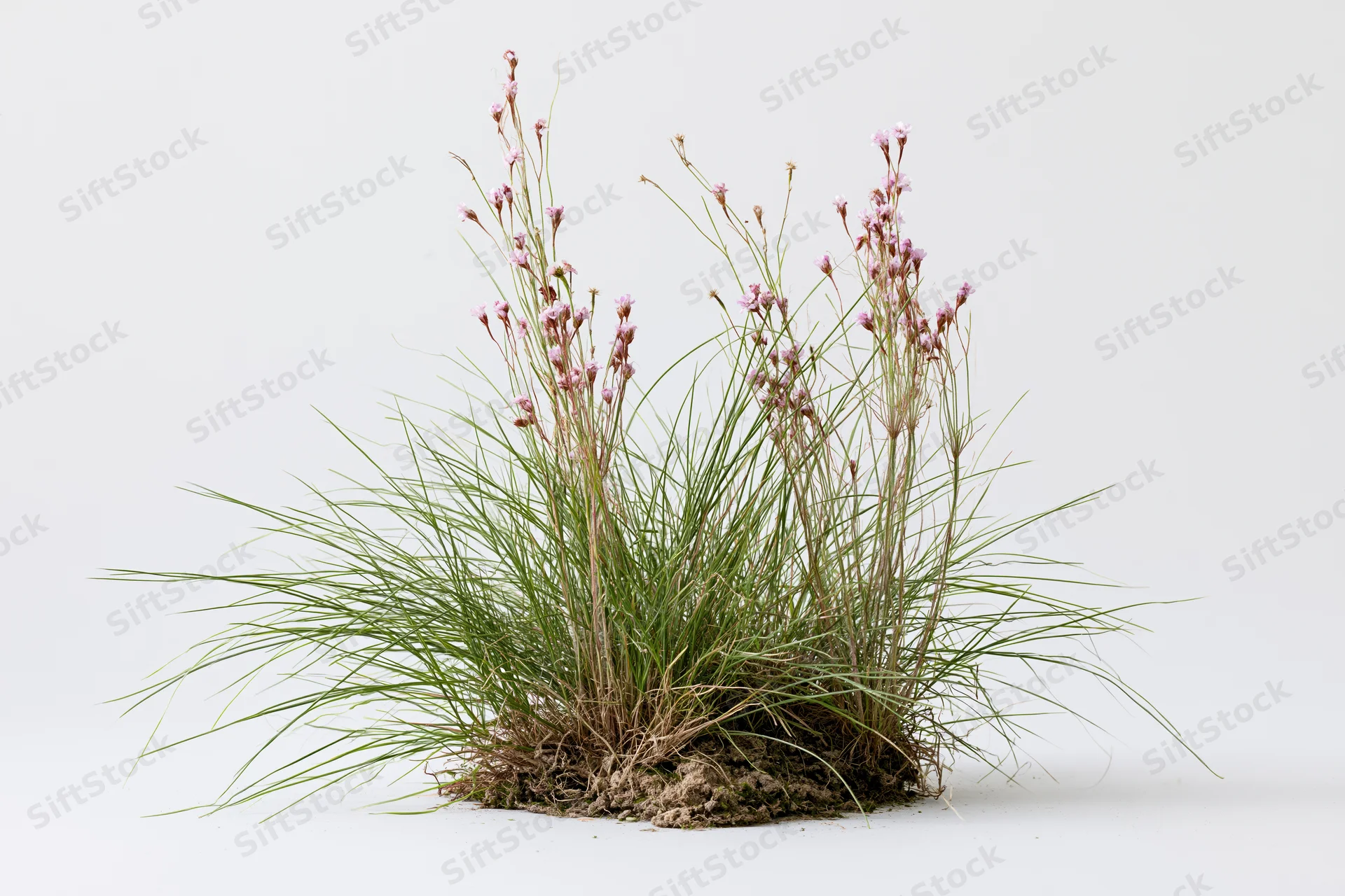 A clump of wild meadow grass with slender pink flowers growing from soil on a white background