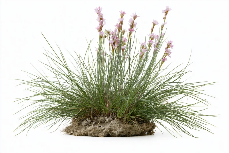 A clump of wild meadow grass with slender stems and pink flowers growing from soil, isolated on white