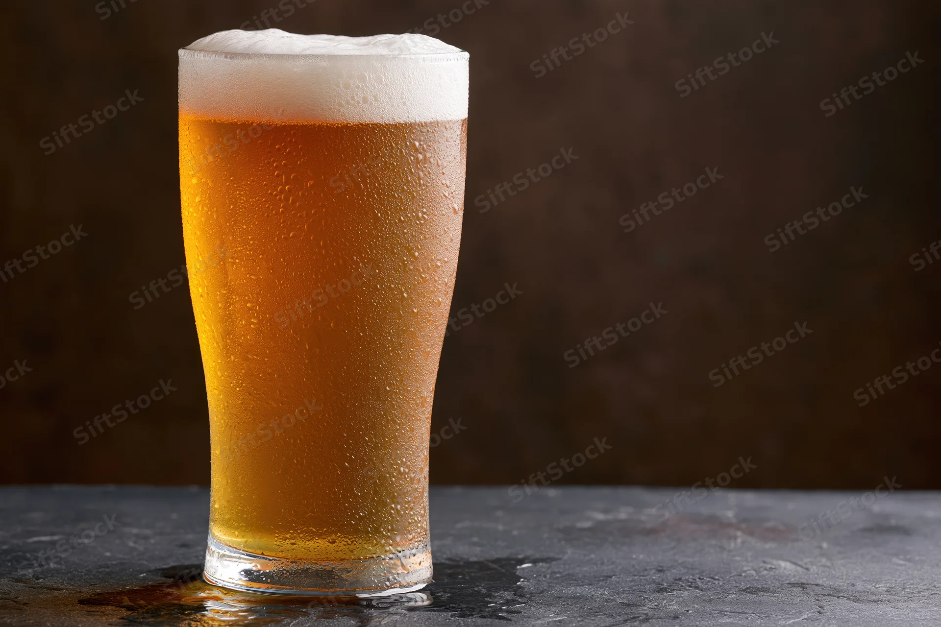 Tall pint glass filled with cold lager beer covered in condensation on dark surface