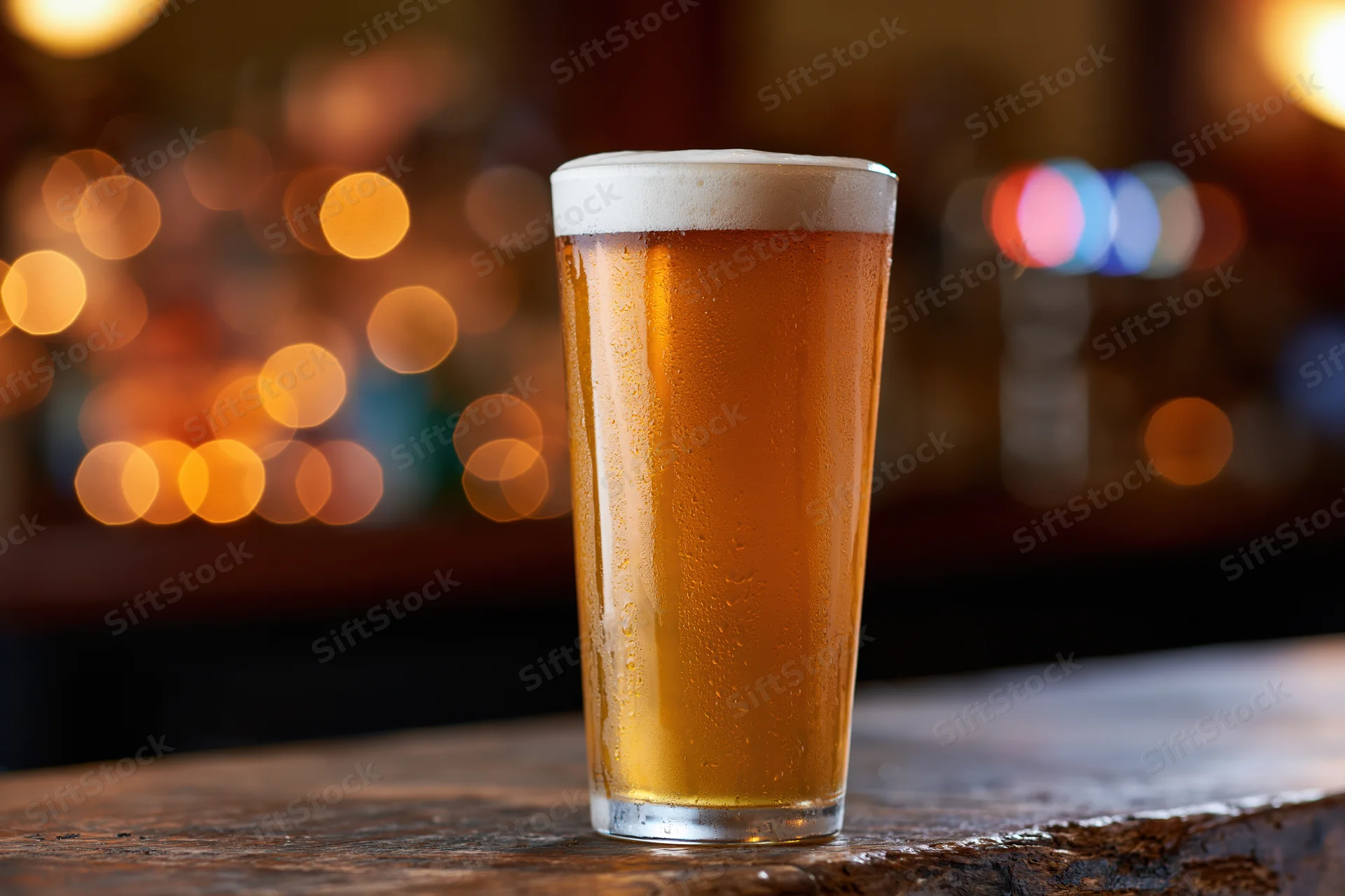 Tall pint glass of cold lager with foamy head on wooden bar surface