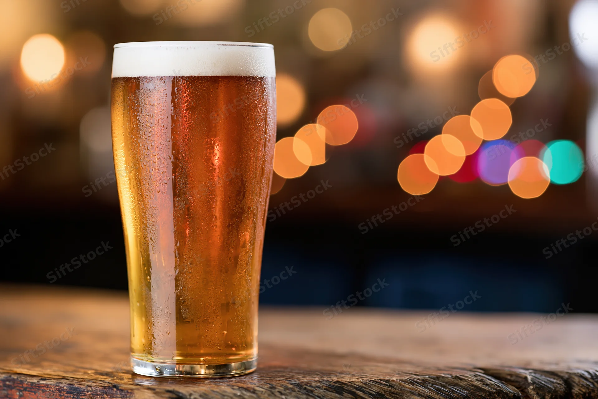 Tall pint glass of cold lager with foamy head on wooden bar table with blurred bokeh lights in background