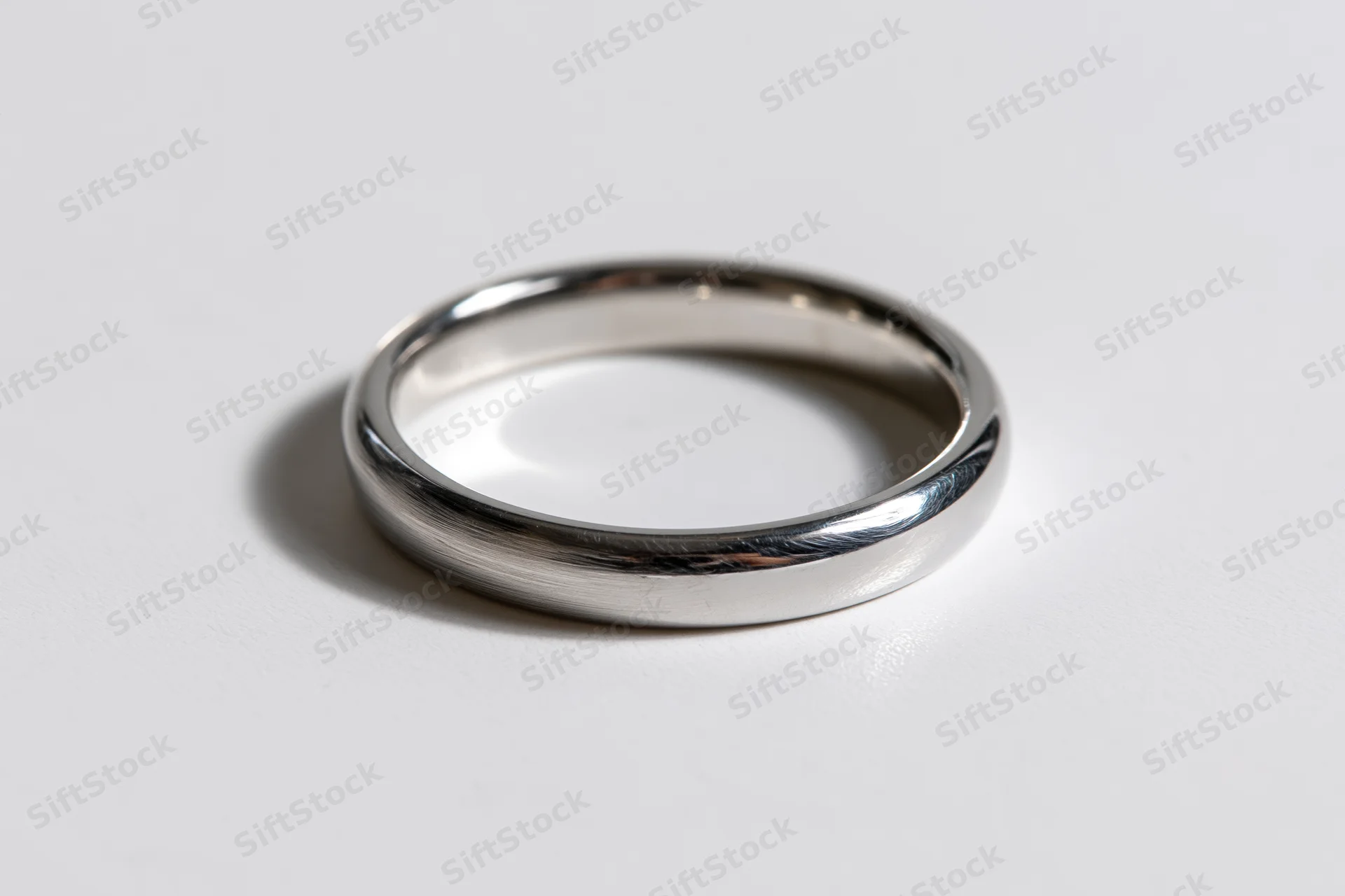Thin polished silver ring lying flat on white surface