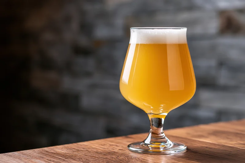 Hazy pale ale with foamy head in tulip glass on wooden table