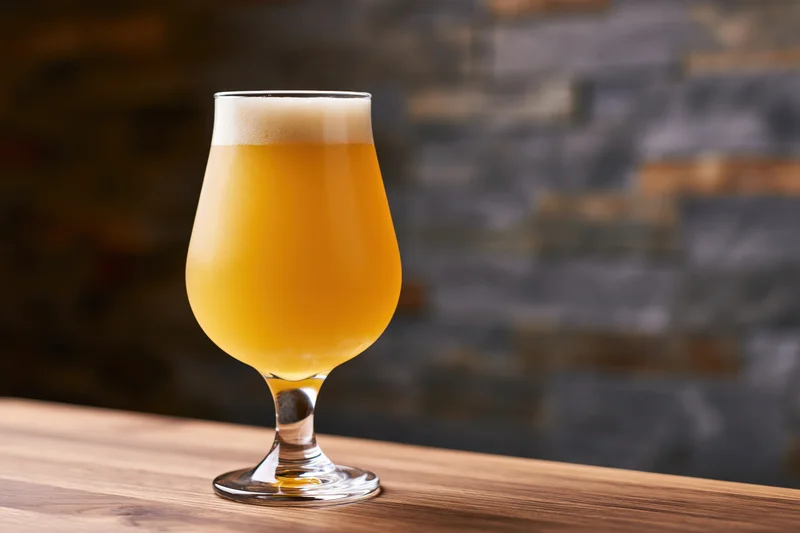 Hazy pale ale with foamy head in tulip glass on wooden table