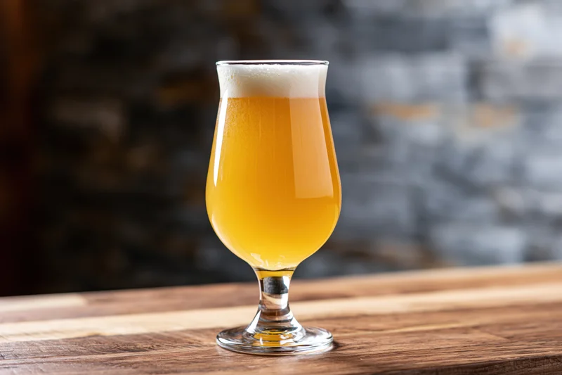 Hazy pale ale in a tulip glass with foamy head on a wooden bar surface