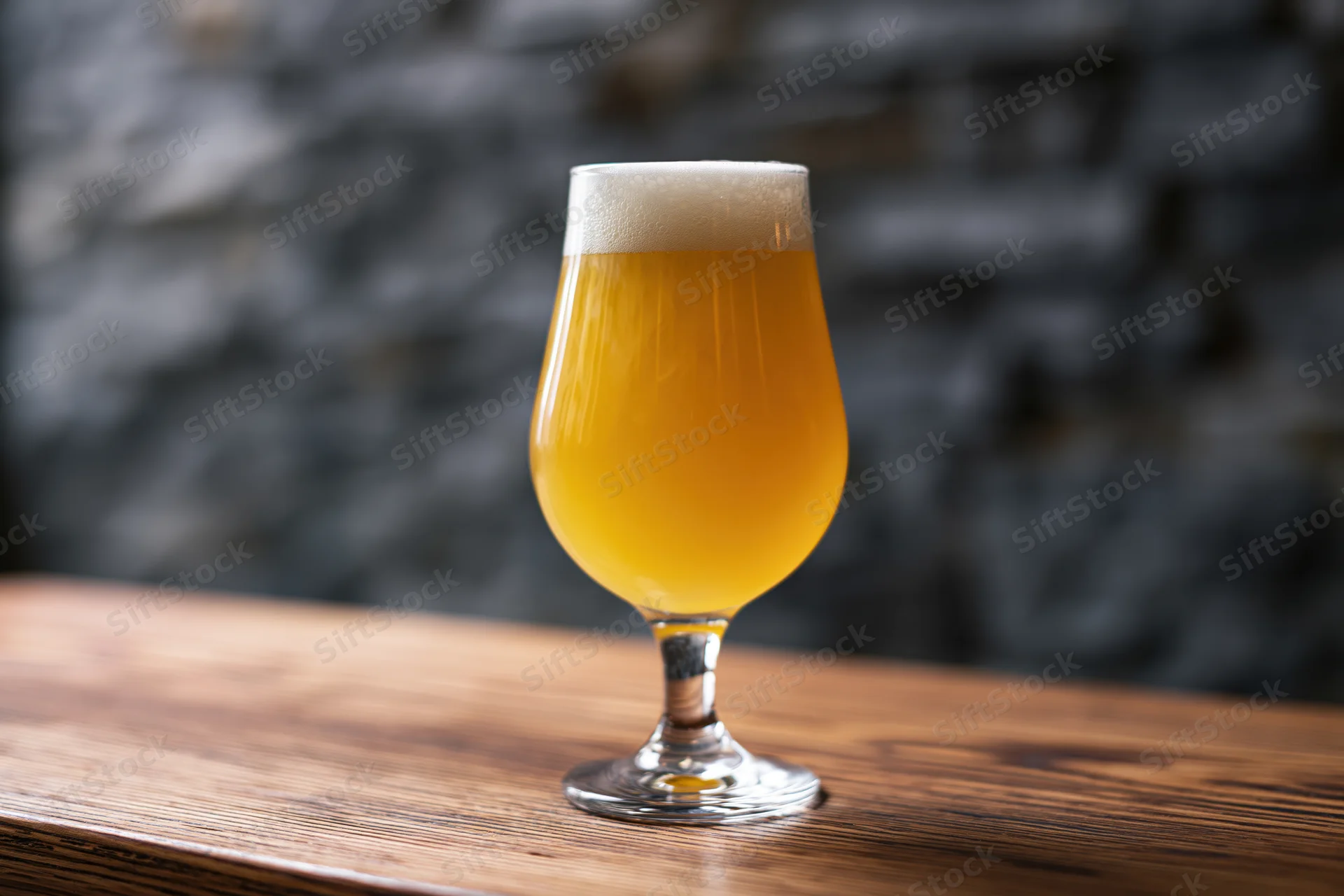 Hazy pale ale with foamy head in tulip glass on wooden table