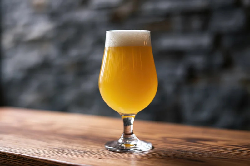 Hazy pale ale with foamy head in tulip glass on wooden table