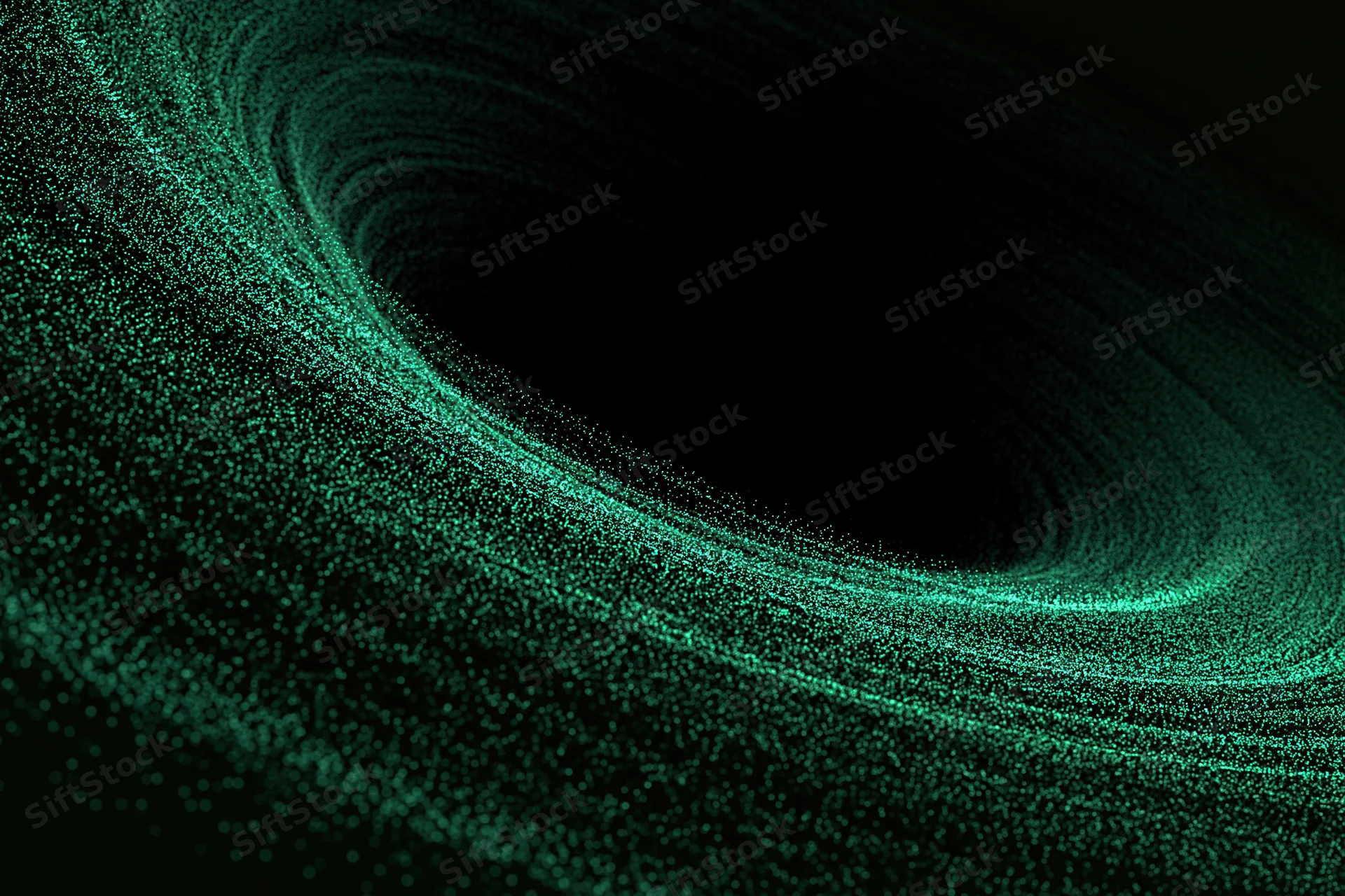 Swirling green particles flowing in a dark vortex with glowing trails