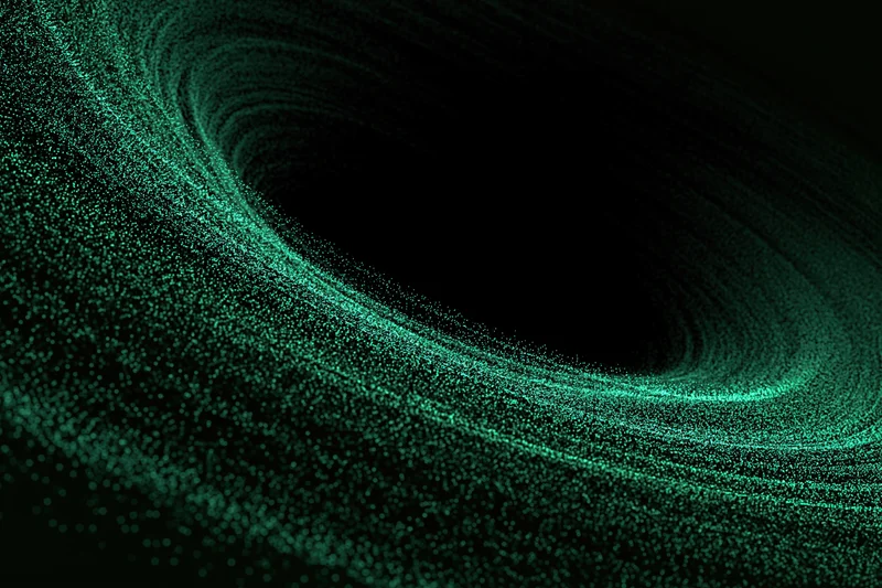 Swirling green particles flowing in a dark vortex with glowing trails