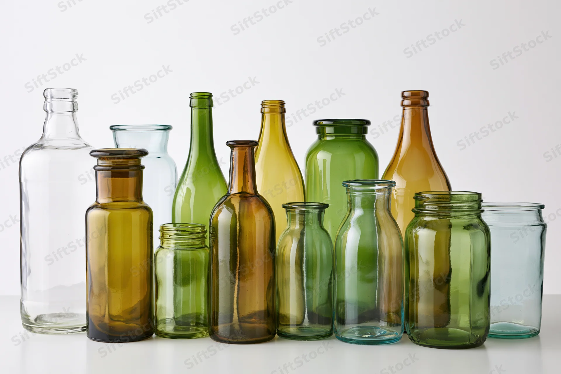 Assorted empty glass bottles and jars of varying heights arranged on a white surface