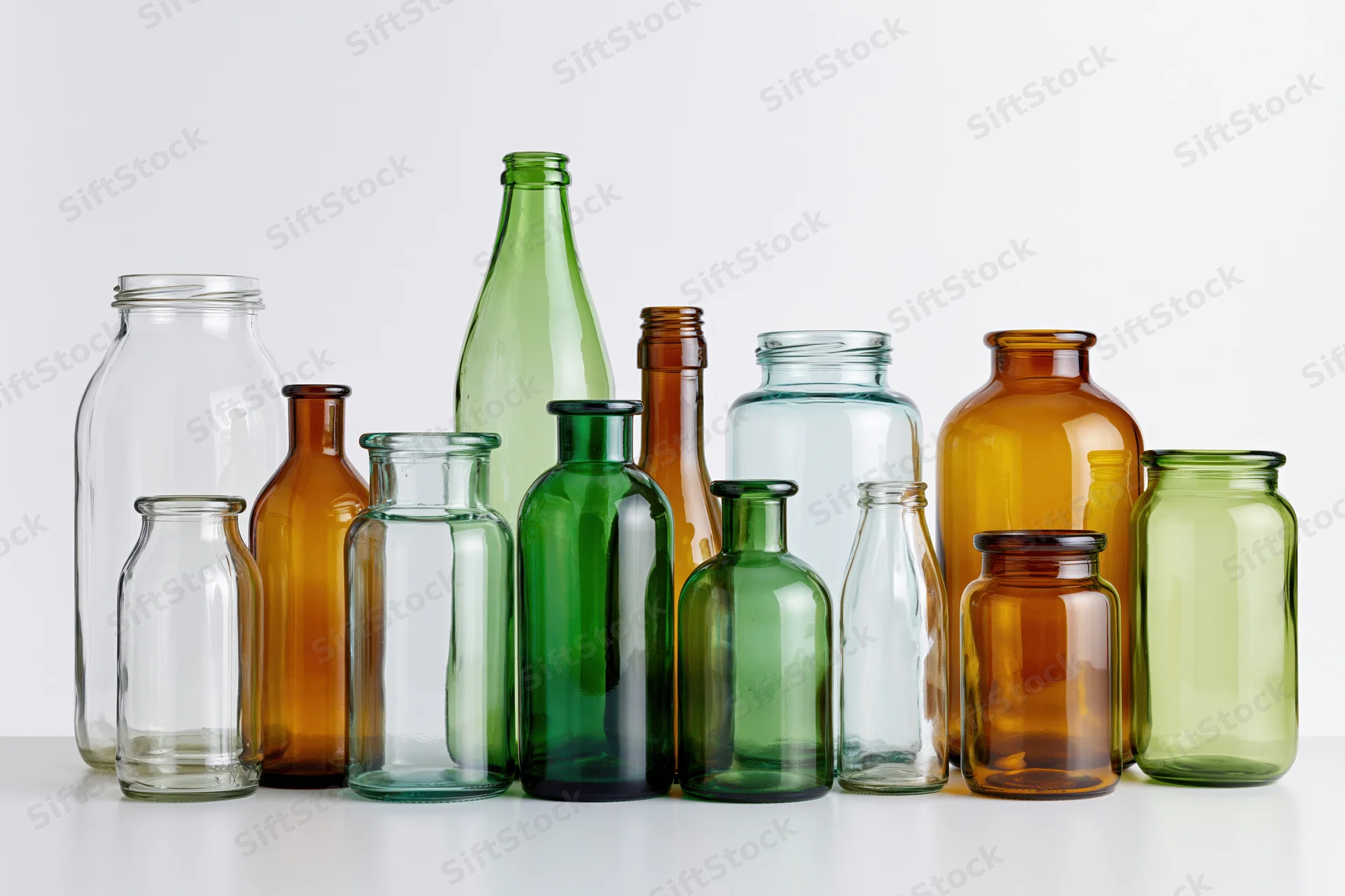 Assorted empty glass bottles and jars of varying heights arranged on a white surface