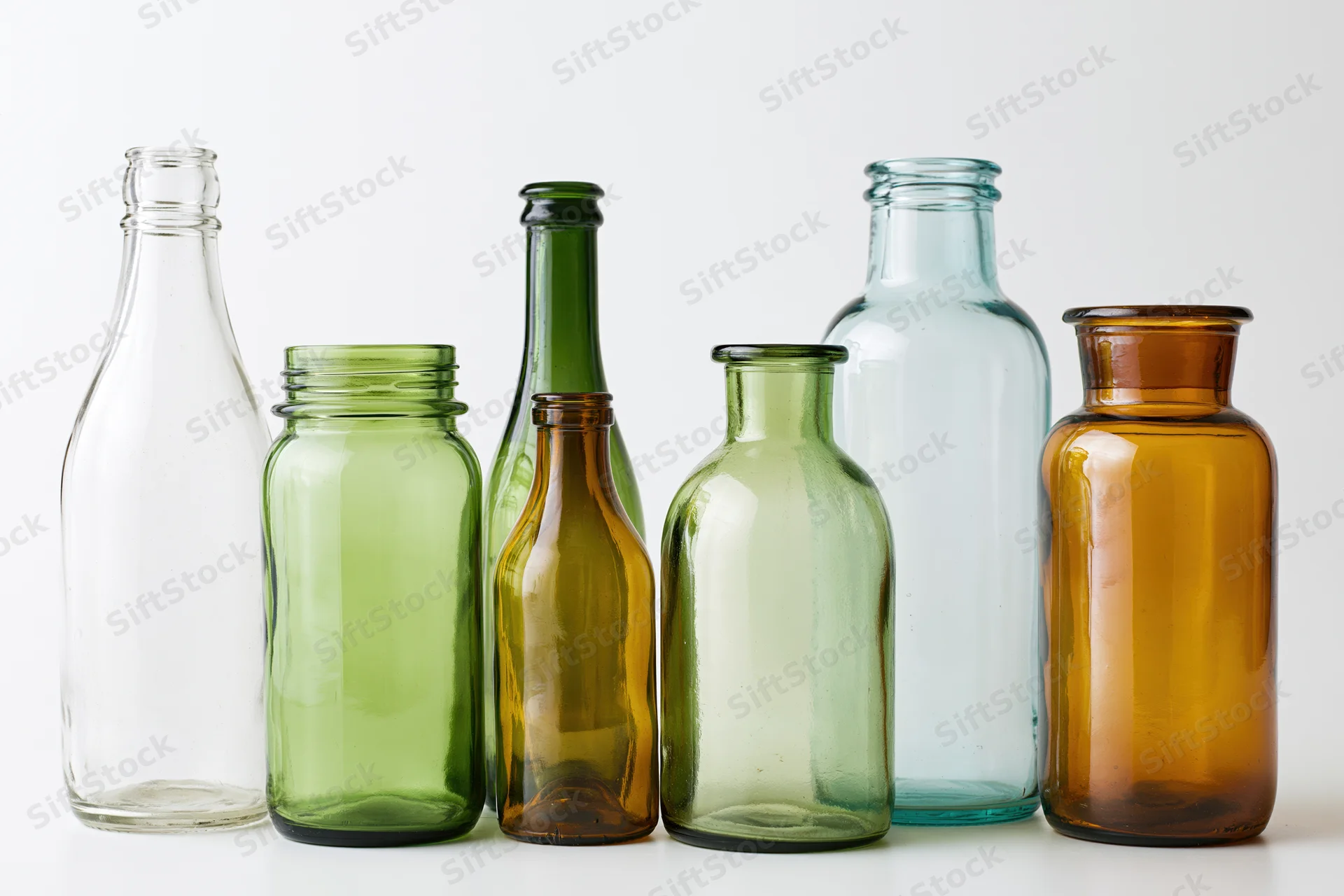 Assorted empty glass bottles and jars arranged in a row on a white surface