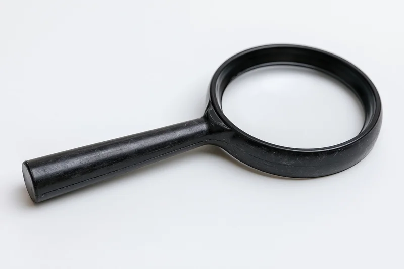 Black plastic magnifying glass with cylindrical handle lying on white surface