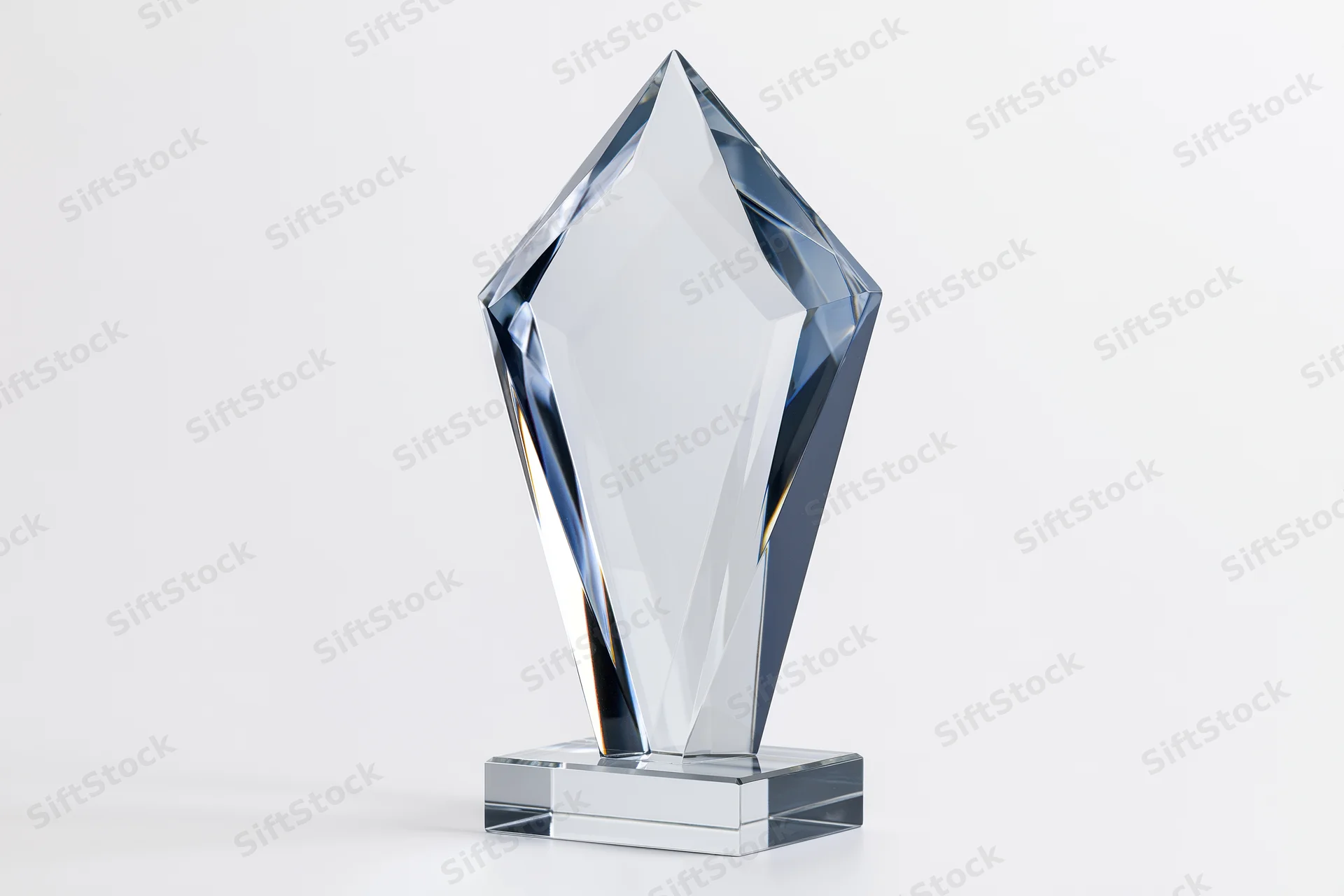 Blank crystal glass award trophy standing upright on a small base against white background