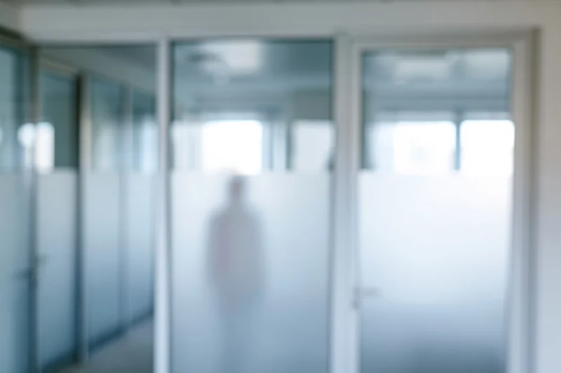 Blurred view through frosted glass office partition showing a silhouette in a hallway