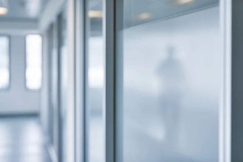 Blurred view through frosted glass office partition in a modern hallway
