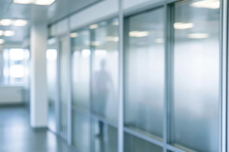 Blurred view through frosted glass office partition showing a walking silhouette in a modern corridor