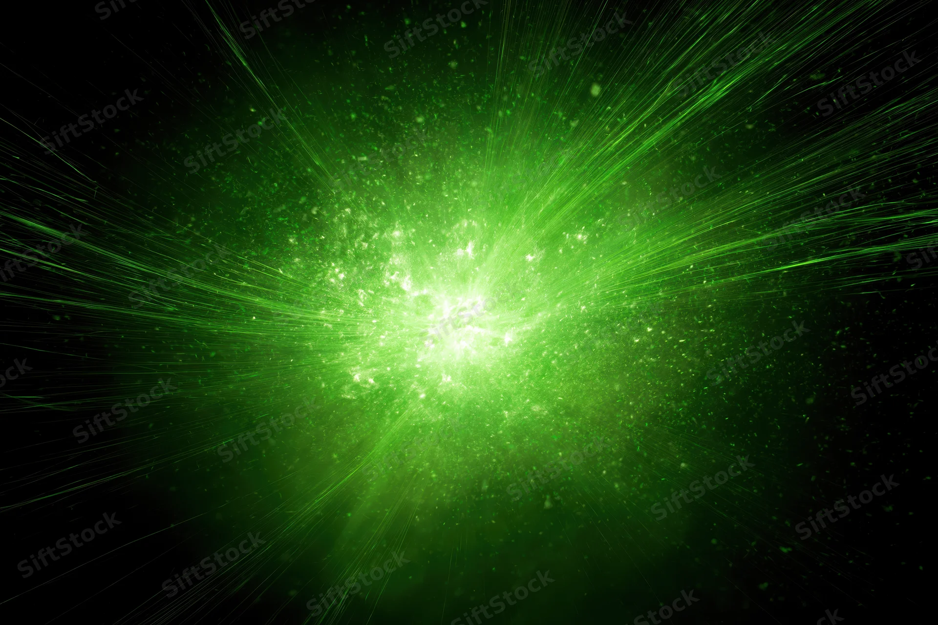 Bright green energy burst exploding outward from center in dark space