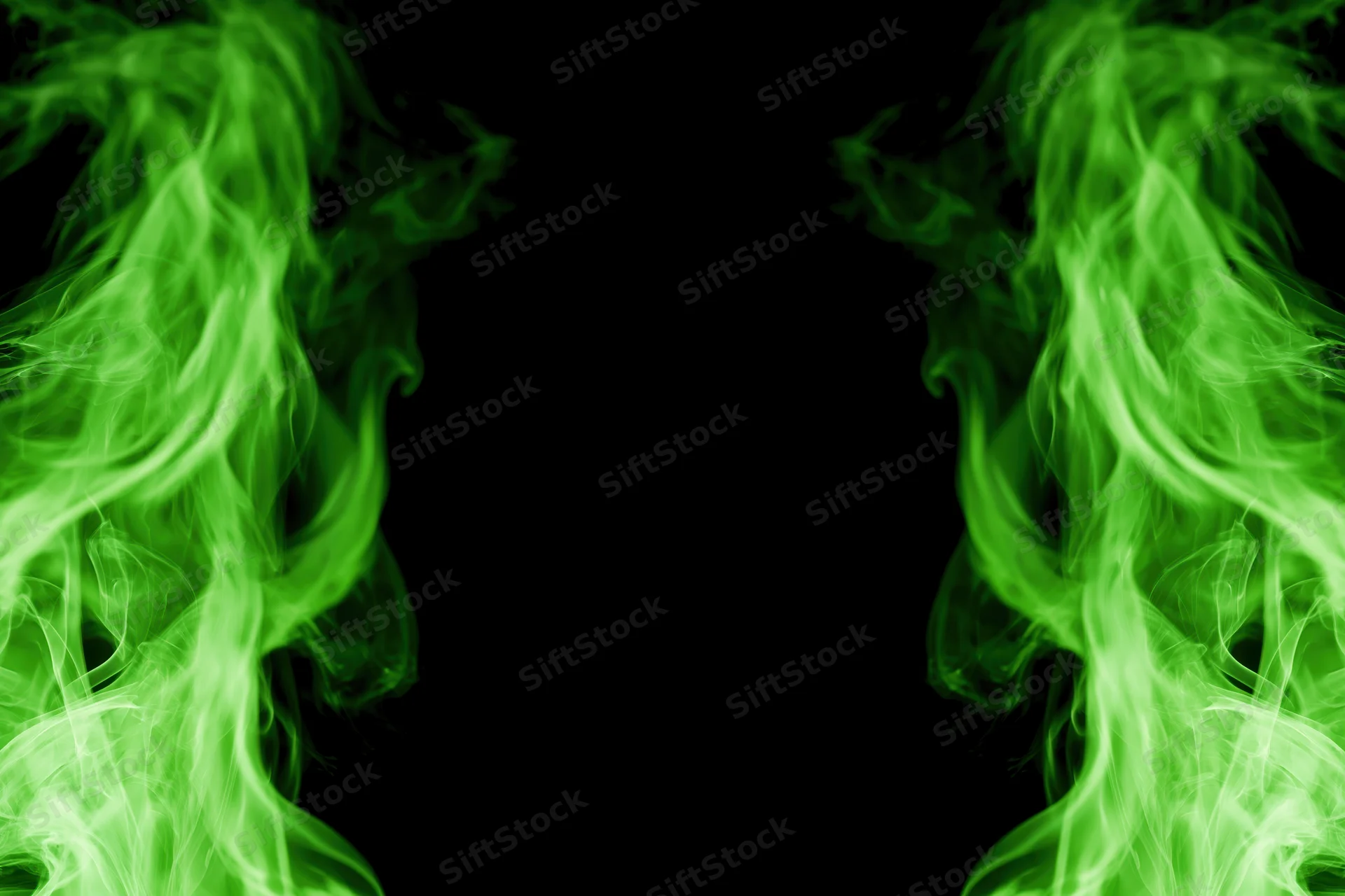 Neon green smoke wisps rising from both lower corners against black background