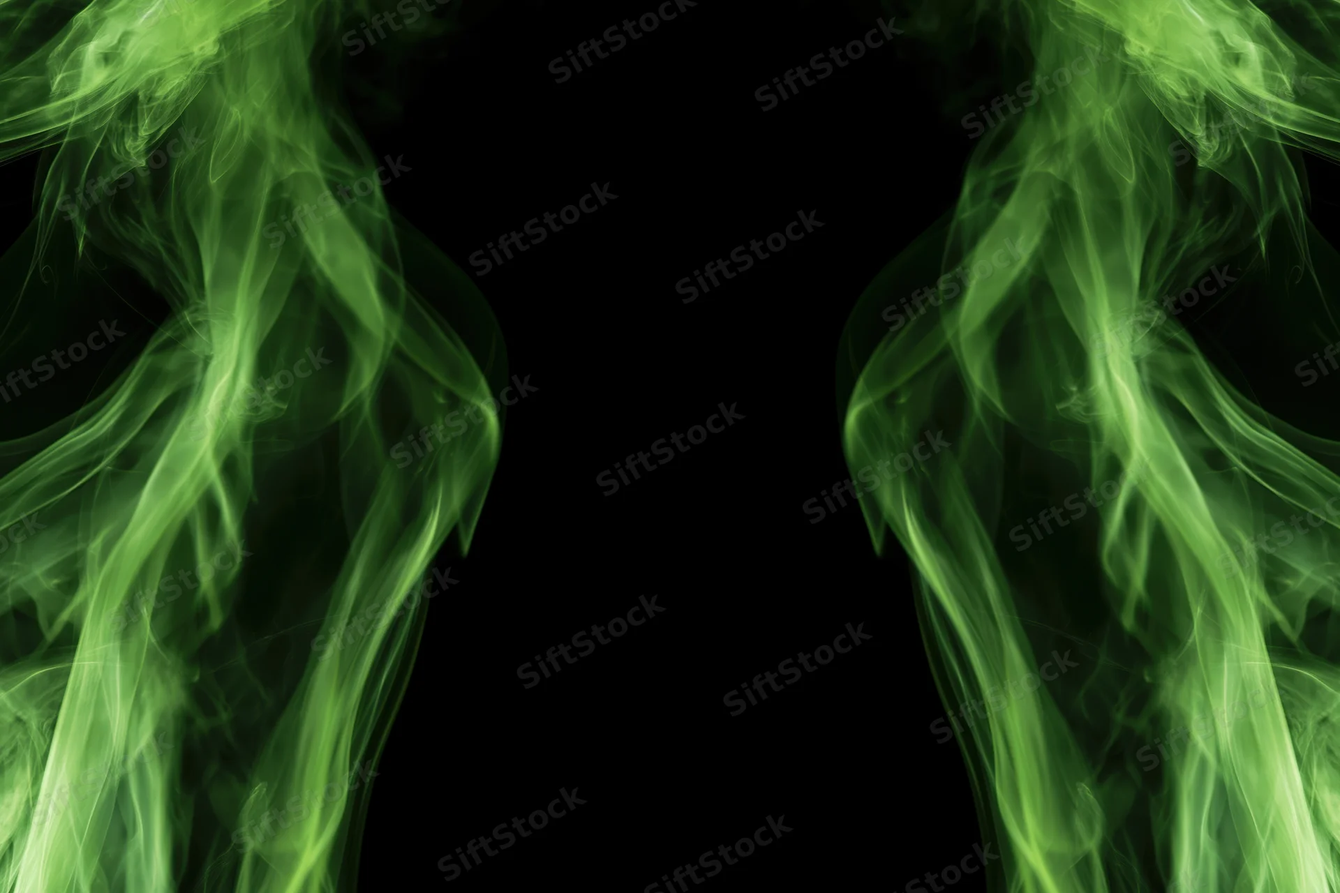 Neon green smoke wisps rising from both lower corners against black background
