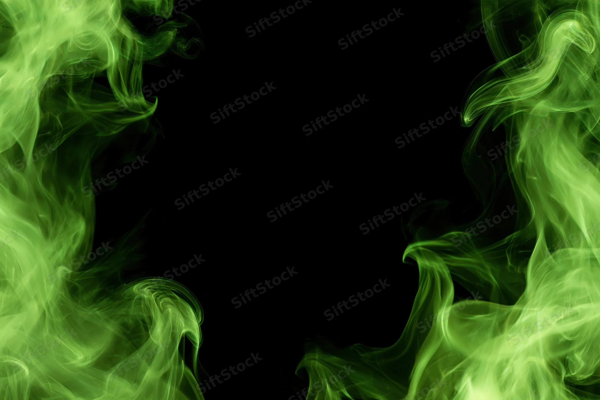 Neon green smoke wisps rising from both lower corners against black background with central copyspace