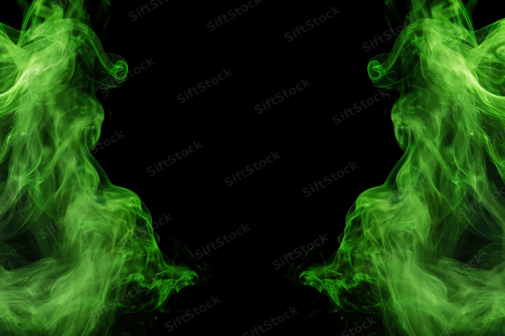 Neon green smoke wisps rising from both lower corners against black background