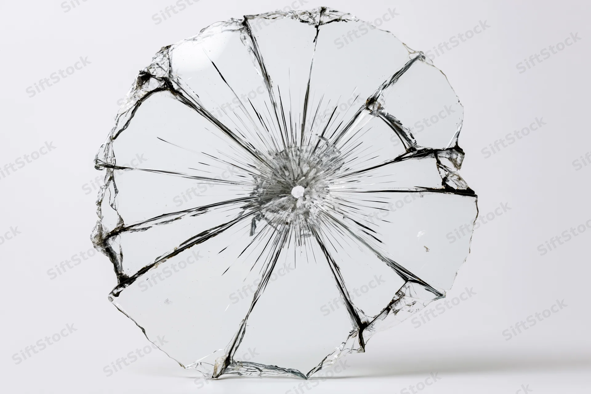 Broken glass pane with radial cracks radiating from central impact point on white background