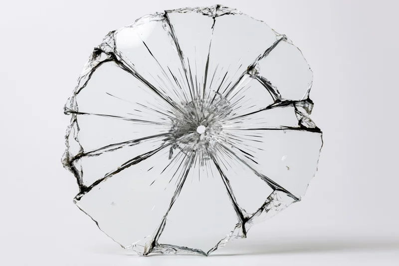 Broken glass pane with radial cracks radiating from central impact point on white background