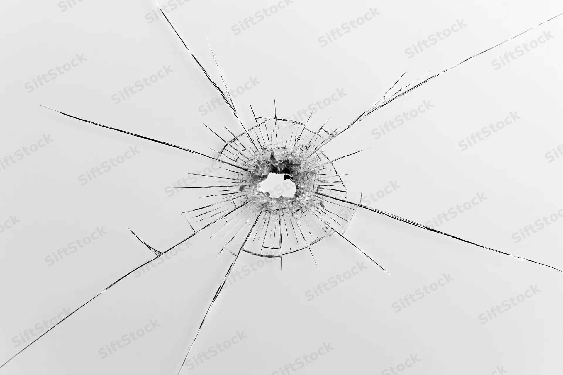 Broken glass pane with central impact hole and radial cracks against white background