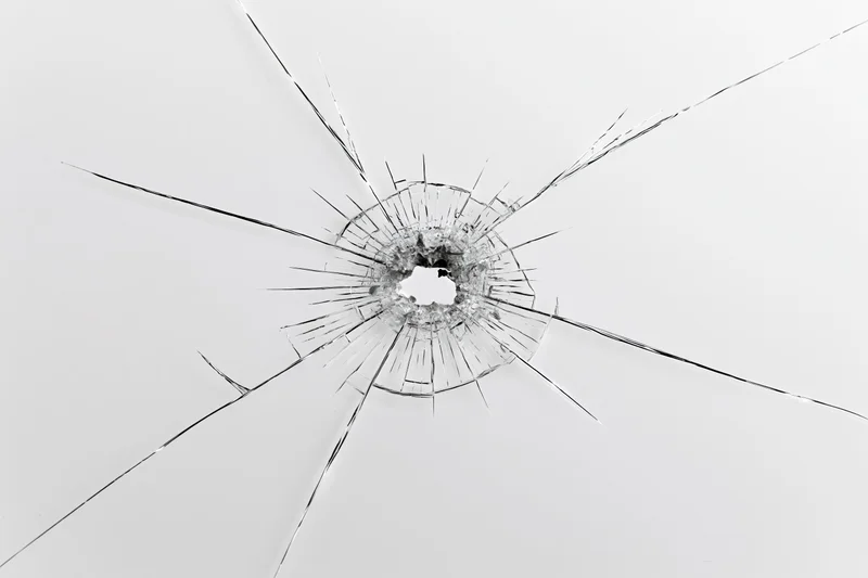 Broken glass pane with central impact hole and radial cracks against white background