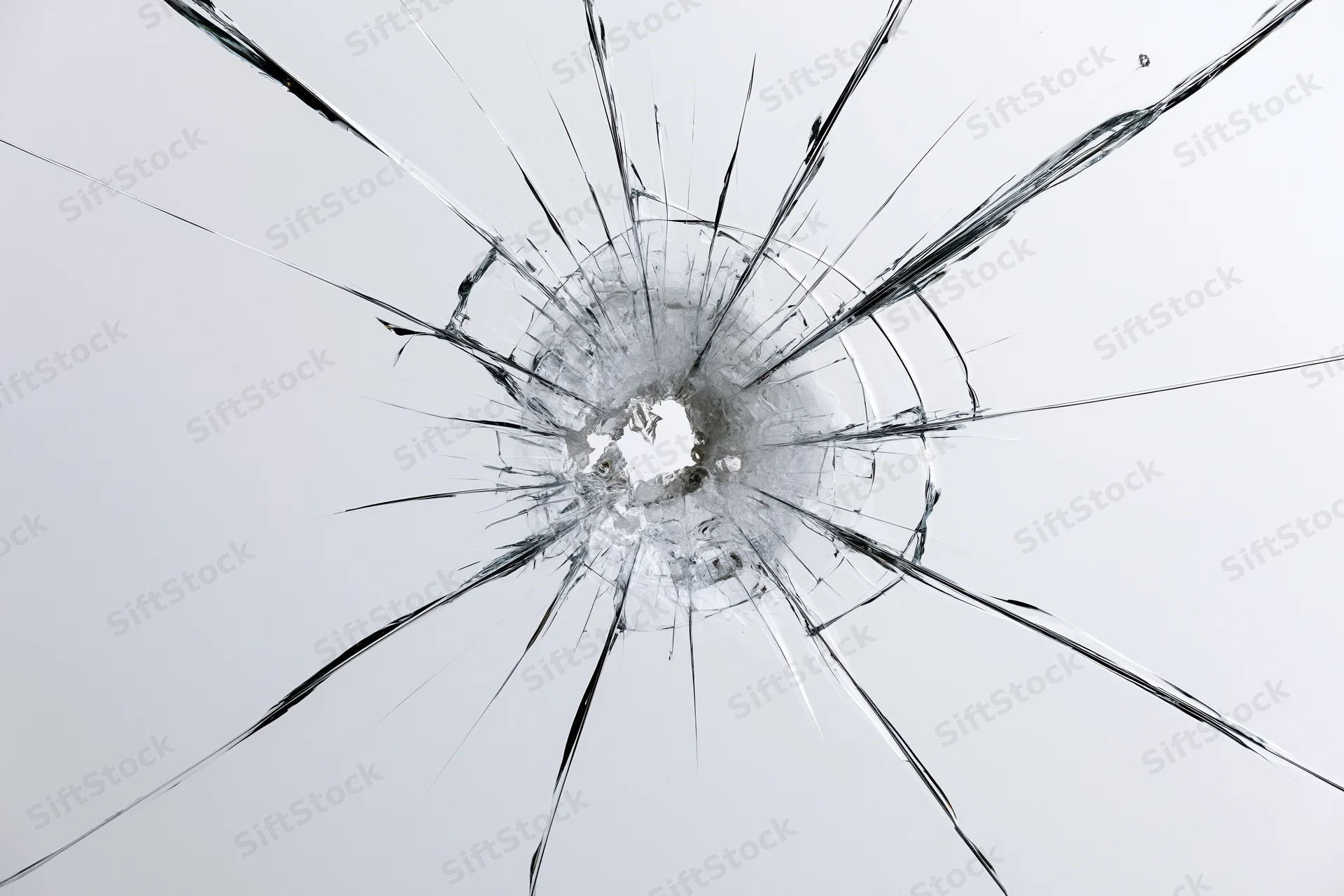 Broken glass pane with central impact point and radiating cracks against white background
