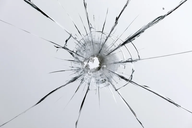 Broken glass pane with central impact point and radiating cracks against white background