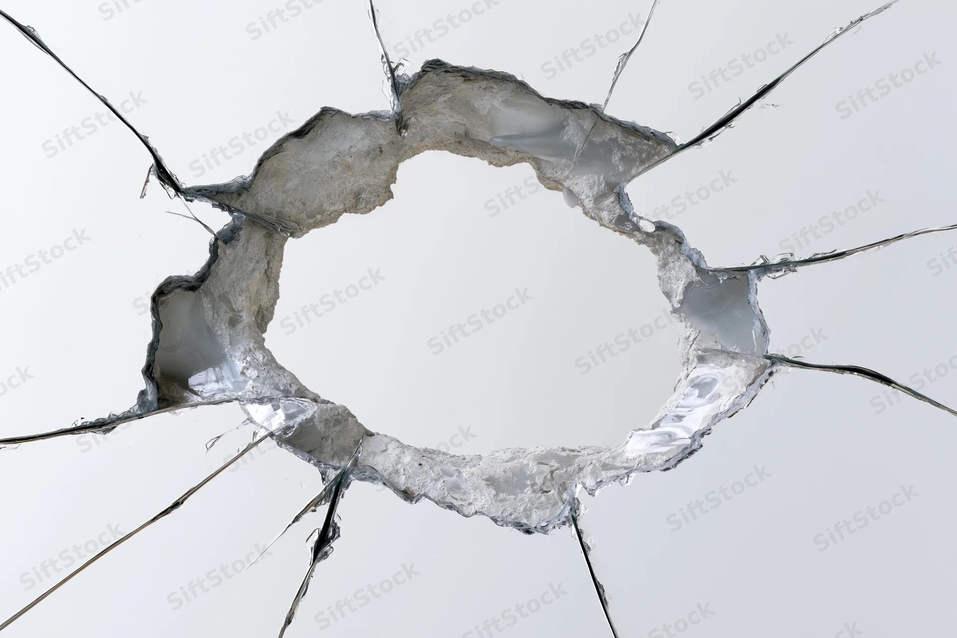 Broken glass pane with a large shattered hole in the center against a white background