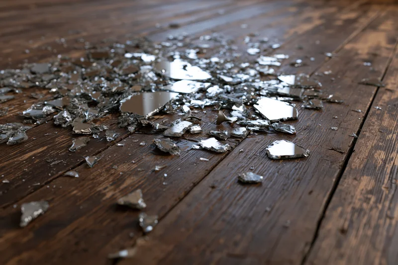 Broken mirror shards scattered across dark weathered wooden floor