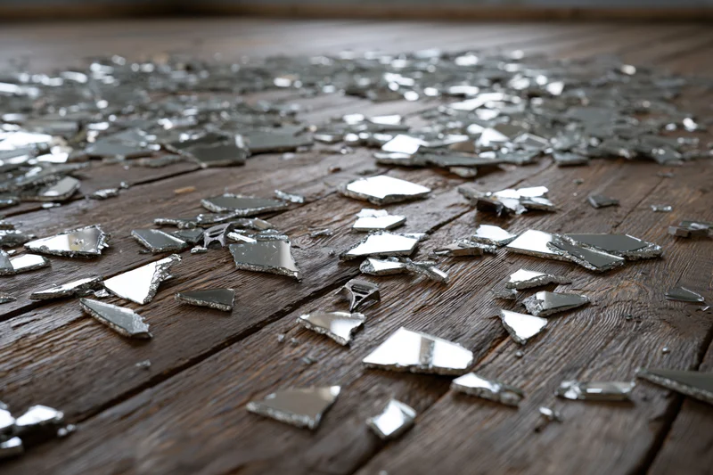 Broken mirror shards scattered across dark weathered wooden floor