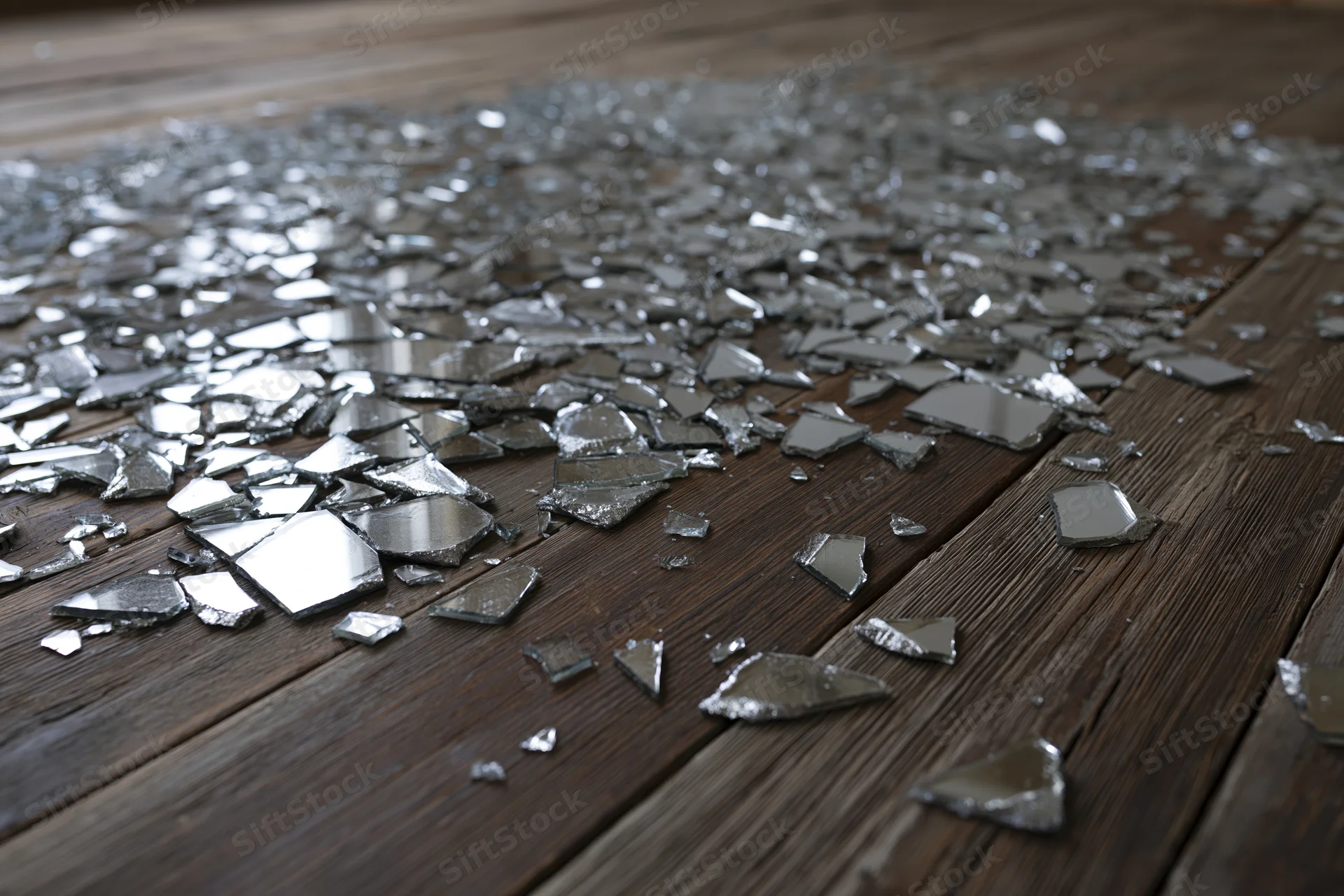 Broken mirror shards scattered across dark weathered wooden floor