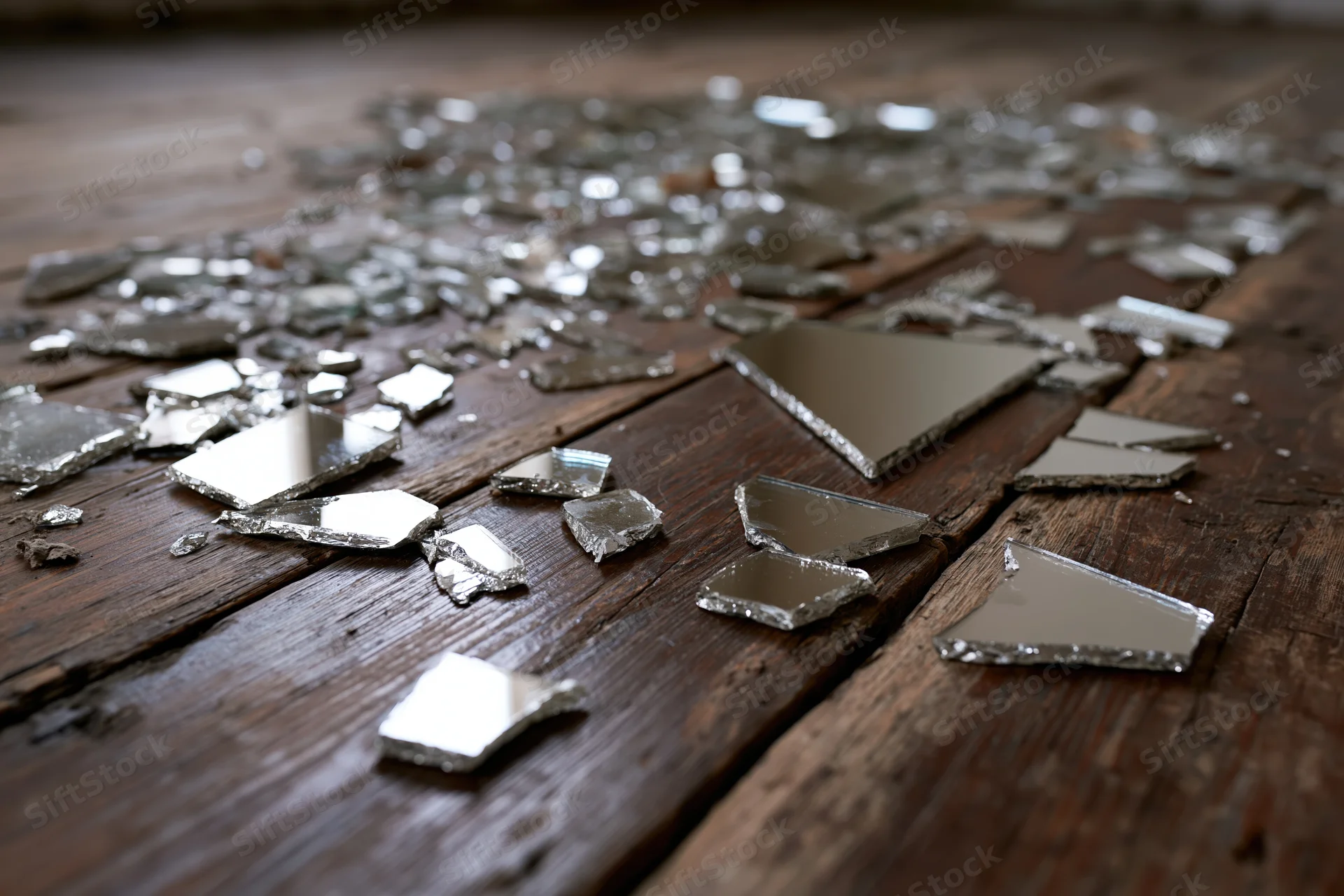 Broken mirror shards scattered across dark weathered wooden floor