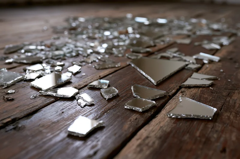 Broken mirror shards scattered across dark weathered wooden floor