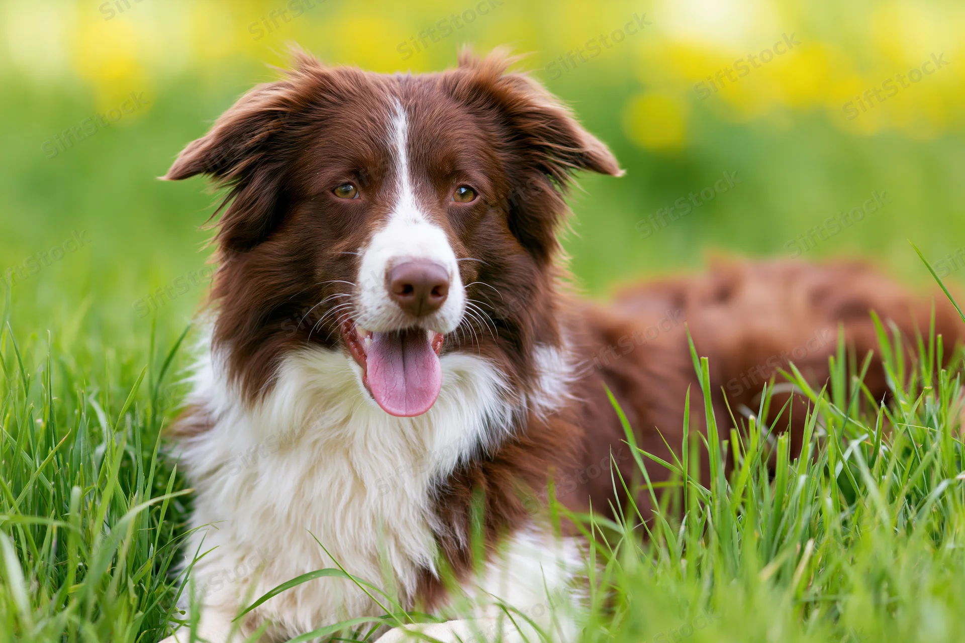 Brown and white border collie lying in tall green grass with tongue out
