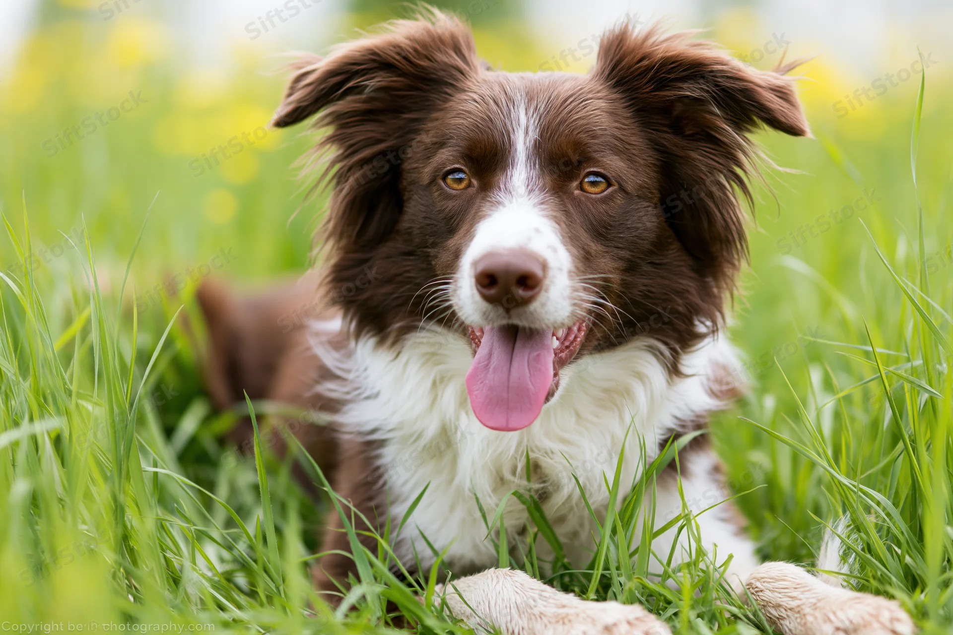 Brown and white border collie lying in tall green grass with tongue out