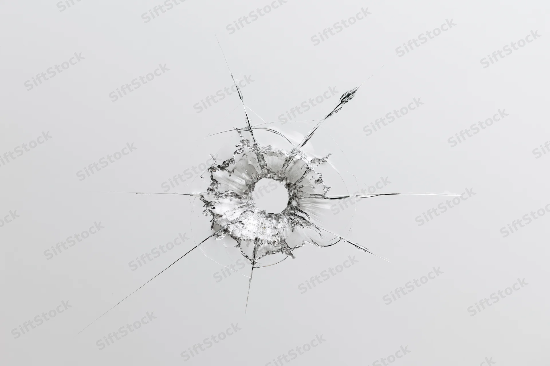 Bullet hole in a clear glass pane with radial cracks centered in the frame