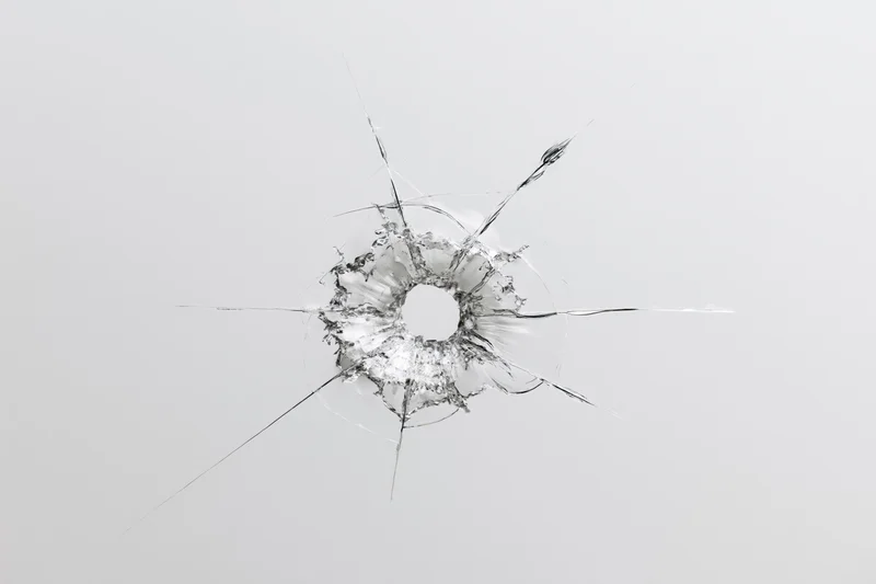 Bullet hole in a clear glass pane with radial cracks centered in the frame