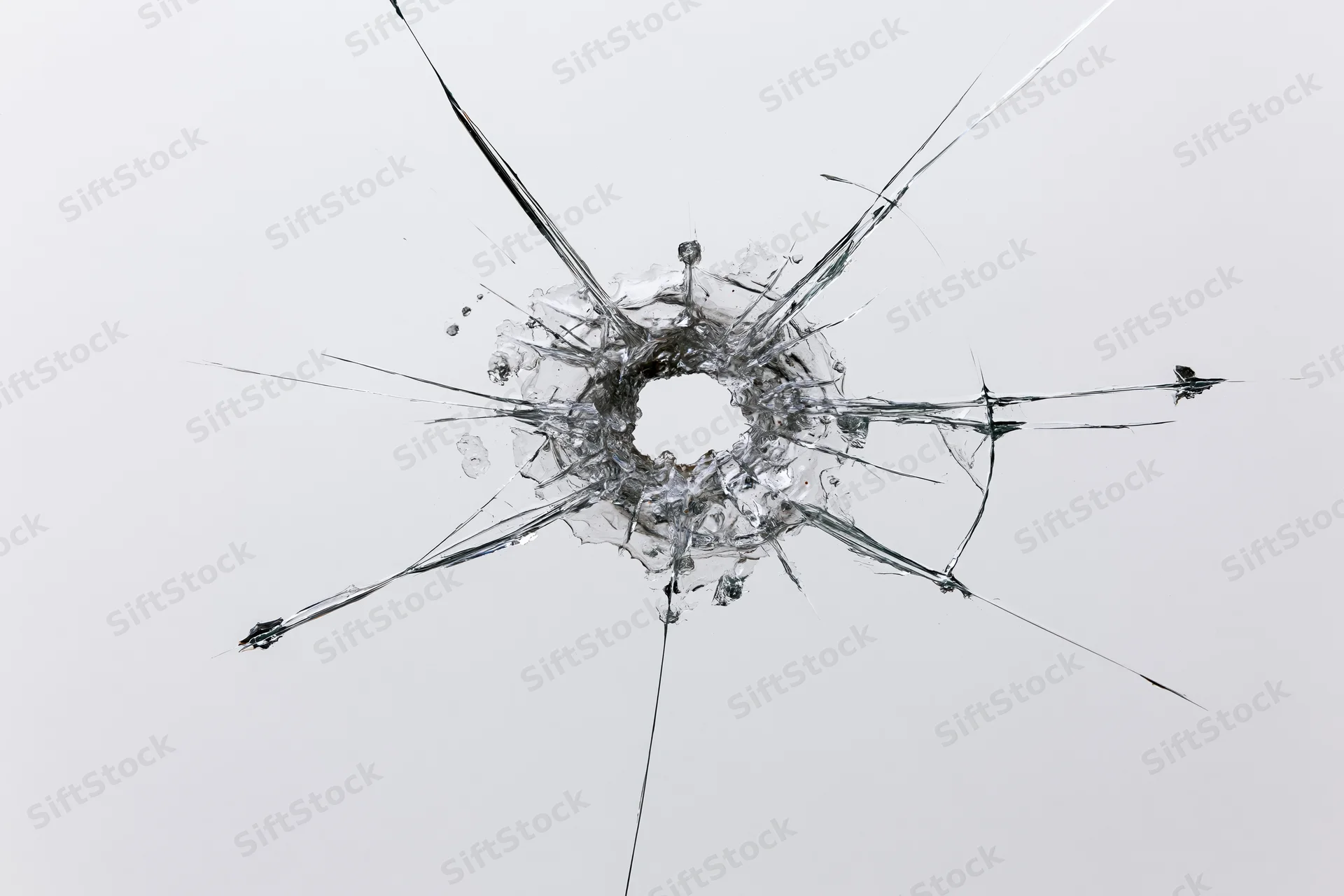 Bullet hole in a clear glass pane with radial cracks centered on impact point